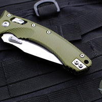 Microtech Knives- Amphibian Ram-Lok Folder- Fluted OD Green Aluminum Handle- Stonewash Plain Edge Blade 137RL-10 FLOD