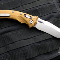 Microtech Knives- Amphibian Ram-Lok Folder- Fluted Tan Aluminum Handle- Stonewash Plain Edge Blade 137RL-10 FLTA