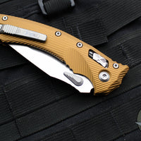 Microtech Knives- Amphibian Ram-Lok Folder- Fluted Tan Aluminum Handle- Stonewash Plain Edge Blade 137RL-10 FLTA
