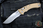 Microtech Knives- Amphibian Ram-Lok Folder- Fluted Tan G-10 Handle- Apocalyptic Part Serrated Edge Blade 137RL-11 APFLGTTA