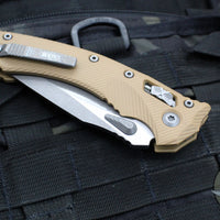 Microtech Knives- Amphibian Ram-Lok Folder- Fluted Tan G-10 Handle- Apocalyptic Part Serrated Edge Blade 137RL-11 APFLGTTA