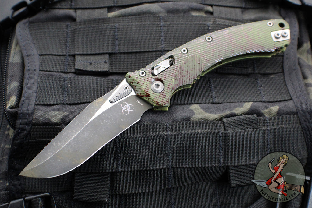 Microtech Knives- Amphibian Ram-Lok Folder- Fluted Outbreak Finished Aluminum Handle- Black Finished Blade 137RL-1 FLOBS