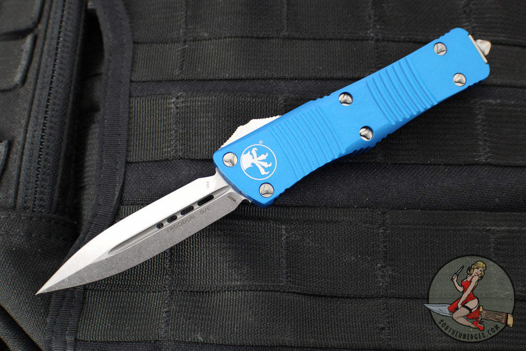 Microtech Troodon OTF Knife- Double Edge- Blue Handle- Stonewash Blade 138-10 BL