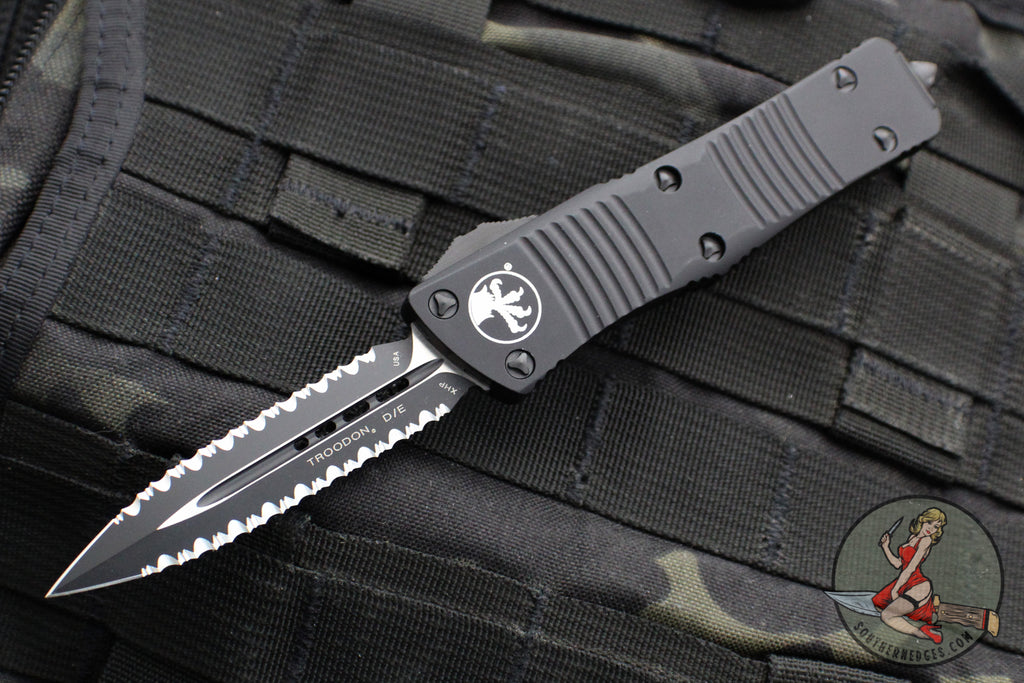 Microtech Troodon OTF Knife- Double Edge- Tactical- Black Handle- Double Full Serrated Black Blade 138-D3 T v3