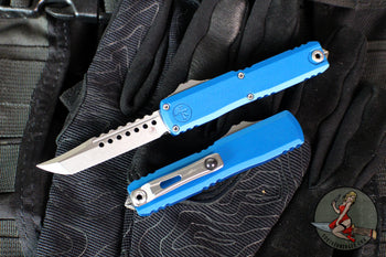 Microtech UTX-70 OTF Knife- Gen IV- Hellhound Edge- Blue Handle- Stonewash Blade 14194-10 BLS