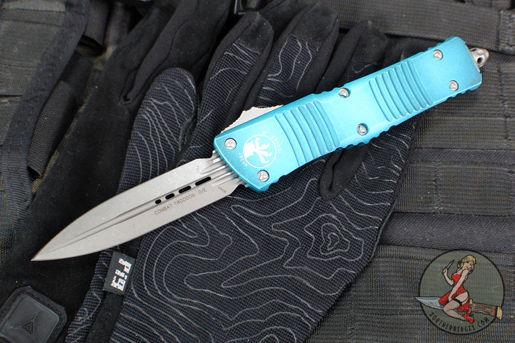 Microtech Combat Troodon OTF Knife- Double Edge- Weathered Turquoise Handle- Apocalyptic Blade 142-10 APWTQ