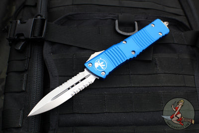 Microtech Combat Troodon OTF Knife- Double Edge- Blue Handle- Part Serrated Stonewash Blade 142-11 BL