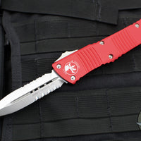 Microtech Combat Troodon OTF Knife- Double Edge- Red Handle- Stonewash Part Serrated Blade 142-11 RD