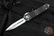 Microtech Combat Troodon OTF Knife- Double Edge- Black Handle- Full Serrated Stonewash Blade 142-12