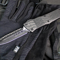 Microtech Combat Troodon OTF Knife- Double Edge- Carbon Fiber Top Handle- Black Full Serrated Edge Blade 142-3 CFS SN084