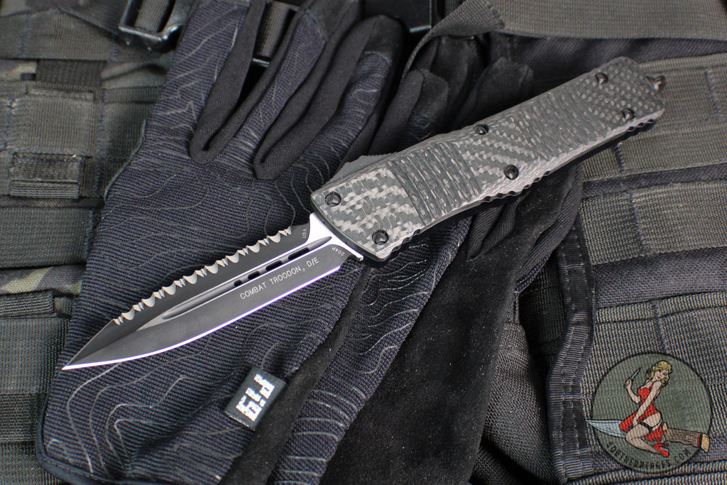 Microtech Combat Troodon OTF Knife- Double Edge- Carbon Fiber Top Handle- Black Full Serrated Edge Blade 142-3 CFS SN084