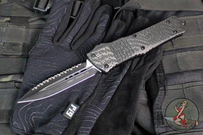 Microtech Combat Troodon OTF Knife- Double Edge- Carbon Fiber Top Handle- Black Full Serrated Edge Blade 142-3 CFS SN084