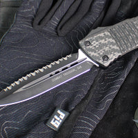 Microtech Combat Troodon OTF Knife- Double Edge- Carbon Fiber Top Handle- Black Full Serrated Edge Blade 142-3 CFS SN084