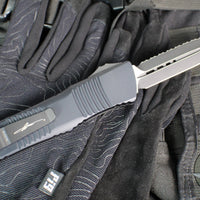 Microtech Combat Troodon OTF Knife- Double Edge- Carbon Fiber Top Handle- Black Full Serrated Edge Blade 142-3 CFS SN084