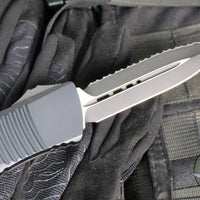 Microtech Combat Troodon OTF Knife- Double Edge- Carbon Fiber Top Handle- Black Full Serrated Edge Blade 142-3 CFS SN084