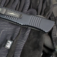 Microtech Combat Troodon OTF Knife- Double Edge- Carbon Fiber Top Handle- Black Full Serrated Edge Blade 142-3 CFS SN084