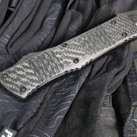 Microtech Combat Troodon OTF Knife- Double Edge- Carbon Fiber Top Handle- Black Full Serrated Edge Blade 142-3 CFS SN084