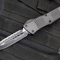 Microtech Combat Troodon OTF Knife- Double Edge- Carbon Fiber Top Handle- Black Full Serrated Edge Blade 142-3 CFS SN090