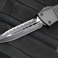 Microtech Combat Troodon OTF Knife- Double Edge- Carbon Fiber Top Handle- Black Full Serrated Edge Blade 142-3 CFS SN090