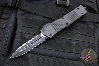 Microtech Combat Troodon OTF Knife- Double Edge- Carbon Fiber Top Handle- Black Full Serrated Edge Blade 142-3 CFS SN095