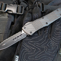 Microtech Combat Troodon OTF Knife- Double Edge- Carbon Fiber Top Handle- Black Full Serrated Edge Blade 142-3 CFS SN095