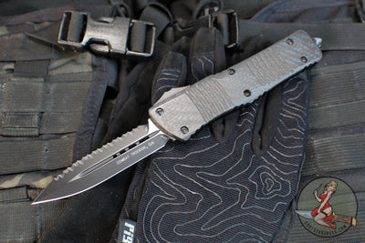 Microtech Combat Troodon OTF Knife- Double Edge- Carbon Fiber Top Handle- Black Full Serrated Edge Blade 142-3 CFS SN095