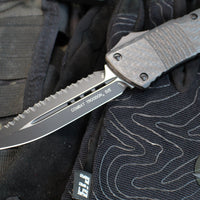 Microtech Combat Troodon OTF Knife- Double Edge- Carbon Fiber Top Handle- Black Full Serrated Edge Blade 142-3 CFS SN095