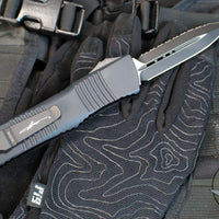 Microtech Combat Troodon OTF Knife- Double Edge- Carbon Fiber Top Handle- Black Full Serrated Edge Blade 142-3 CFS SN095