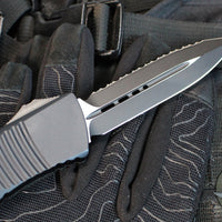 Microtech Combat Troodon OTF Knife- Double Edge- Carbon Fiber Top Handle- Black Full Serrated Edge Blade 142-3 CFS SN095