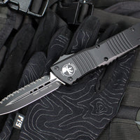 Microtech 2019 Combat Troodon OTF Knife- Tactical- Double Edge- Black Handle- Full Serrated Black Blade 142-3 T