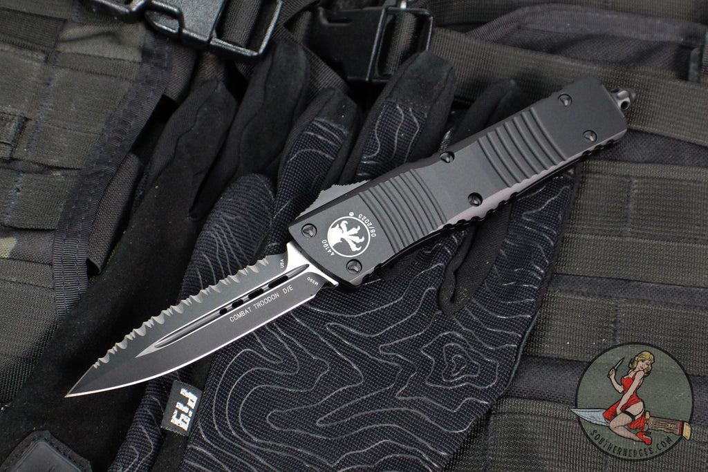 Microtech 2019 Combat Troodon OTF Knife- Tactical- Double Edge- Black Handle- Full Serrated Black Blade 142-3 T