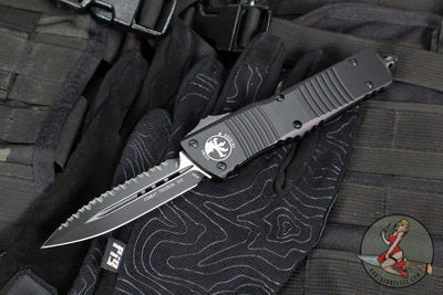 Microtech 2019 Combat Troodon OTF Knife- Tactical- Double Edge- Black Handle- Full Serrated Black Blade 142-3 T