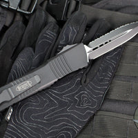 Microtech 2019 Combat Troodon OTF Knife- Tactical- Double Edge- Black Handle- Full Serrated Black Blade 142-3 T