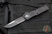 Microtech Combat Troodon OTF Knife- Single Edge- Tactical- Black Handle- Black Part Serrated Blade 143-2 T