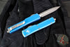 Microtech UTX-70 OTF Knife- Double Edge- Distressed Blue Handle- Apocalyptic Blade 147-10 DBL