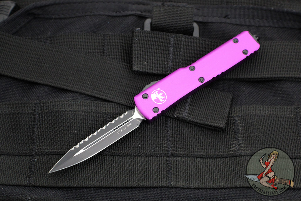 Microtech UTX-70 Double Edge (OTF)- Violet Handle- Black Full Serrated Blade 147-3 VI