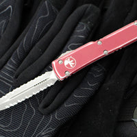 Microtech UTX-70 OTF Knife- Double Edge- Distressed Merlot Red Handle- Double Full Serrated Apocalyptic Blade 147-D12 DMR