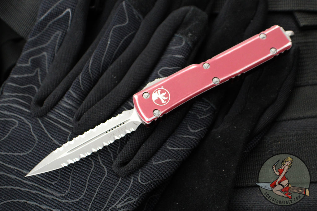Microtech UTX-70 OTF Knife- Double Edge- Distressed Merlot Red Handle- Double Full Serrated Apocalyptic Blade 147-D12 DMR