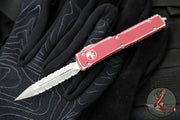 Microtech UTX-70 OTF Knife- Double Edge- Distressed Merlot Red Handle- Double Full Serrated Apocalyptic Blade 147-D12 DMR