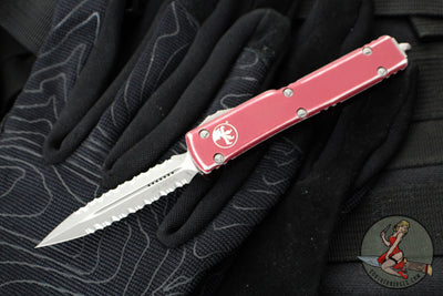 Microtech UTX-70 OTF Knife- Double Edge- Distressed Merlot Red Handle- Double Full Serrated Apocalyptic Blade 147-D12 DMR