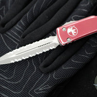 Microtech UTX-70 OTF Knife- Double Edge- Distressed Merlot Red Handle- Double Full Serrated Apocalyptic Blade 147-D12 DMR