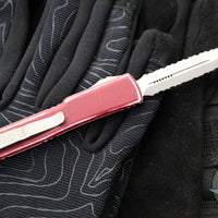 Microtech UTX-70 OTF Knife- Double Edge- Distressed Merlot Red Handle- Double Full Serrated Apocalyptic Blade 147-D12 DMR