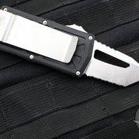 Microtech Exocet Out The Front (OTF) Wallet Money Clip Knife- Tanto Edge- Stonewash Full Serrated Blade 158-12