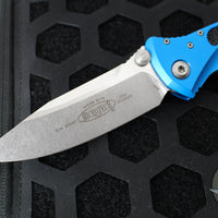 Microtech Socom Elite- Manual Folder- Single Edge- Blue Handle- Stonewash Blade 160-10 BL