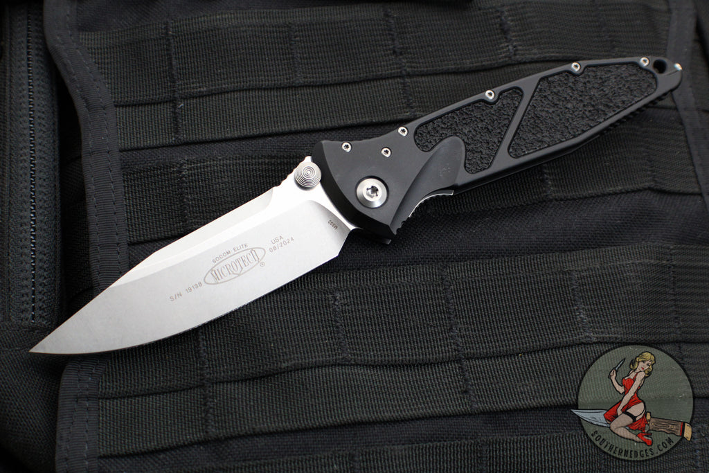 Microtech Socom Elite- Manual Folder- Single Edge- Black Handle- Stonewash Blade 160-10