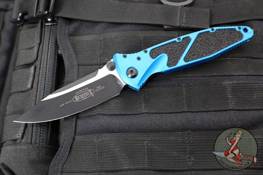 Microtech Socom Elite- Manual Folder- Single Edge- Blue Handle- Two-tone Black Blade 160-1 BL