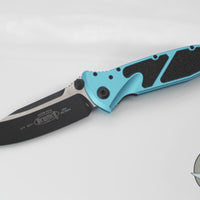 Microtech Socom Elite- Manual Folder- Single Edge- Turquoise Handle- Two-tone Black Blade 160-1 TQ