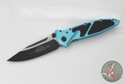 Microtech Socom Elite- Manual Folder- Single Edge- Turquoise Handle- Two-tone Black Blade 160-1 TQ