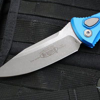 Microtech Socom Elite- Auto (OTS)- Single Edge- Blue Handle- Apocalyptic Blade 160A-10 APBL