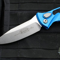 Microtech Socom Elite- Auto (OTS)- Single Edge- Blue Handle- Stonewash Blade 160A-10 BL